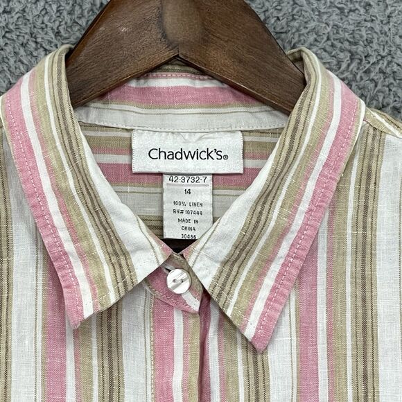 Chadwick's Button Up Top Women 14 Pink Brown Striped Long Sleeve 100% Linen T86 - Picture 7 of 14